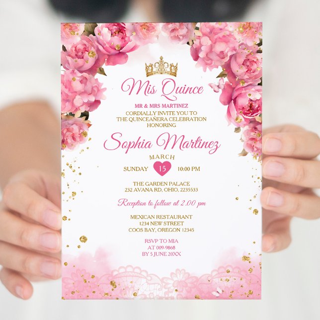 Invitation Elégante Fleurs rose vif Gold Girl Mis Quince (Créateur téléchargé)