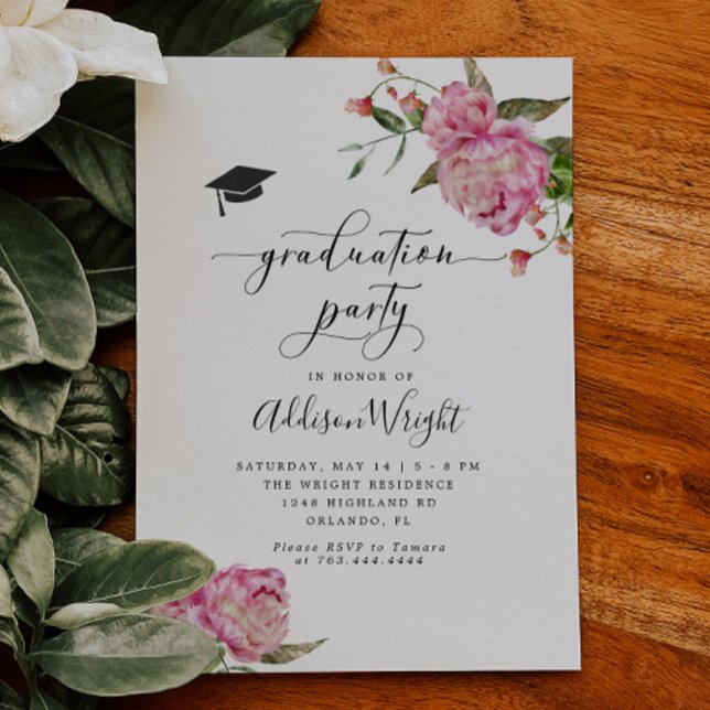 Invitation Élégante Fleurs Roses Fête de graduation (Créateur téléchargé)