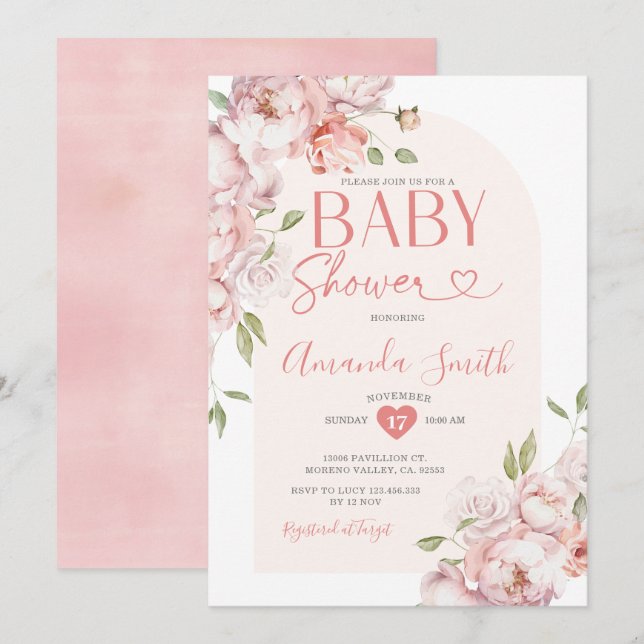 Invitation Elégante Fleurs Roses Fille Baby shower Verdure (Devant / Derrière)