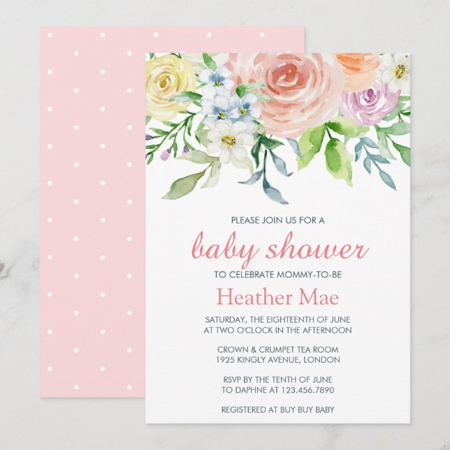 Invitation Élégante Fleurs Roses Floral Girl Baby shower (Devant / Derrière)