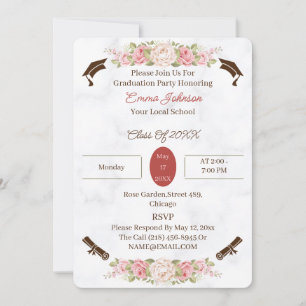 Invitation Elégante Fleurs Roses Personnalisée Graduation
