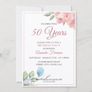 Invitation Elégante Fleurs rouges et bleues Mère Anniversaire