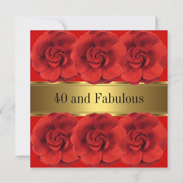 Invitation Elégante Fleurs rouges Or Fabuleux 40e (Devant)