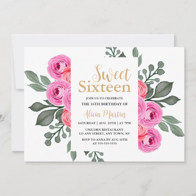 Invitation Élégante Flora Dusty Rose Or Sweet 16 (Devant)