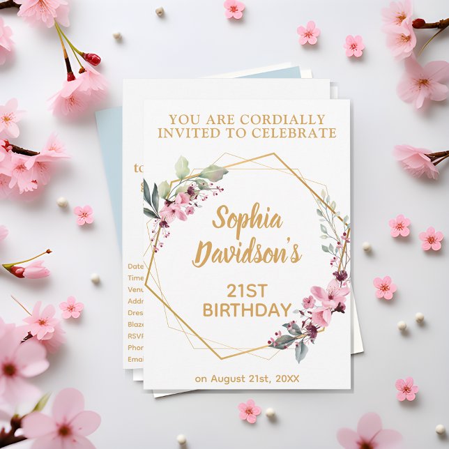 Invitation Élégante floraison de cerises 21e anniversaire Inv (Golden Blooms, Milestone Wishes! 🌸🌟)