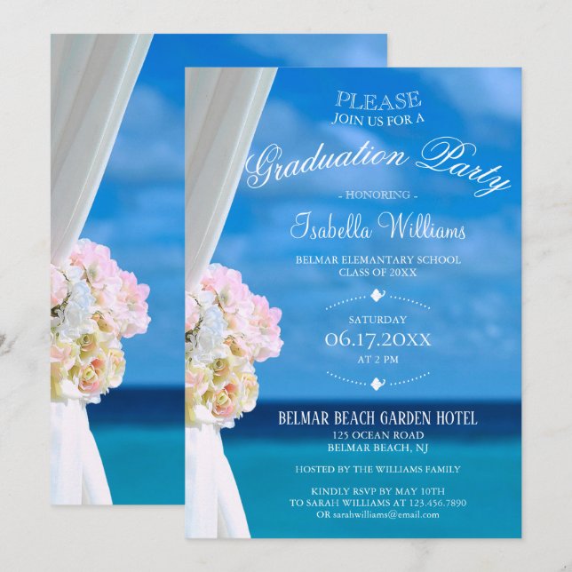 Invitation Élégante Floral Ocean Beach Summer Graduation Part (Devant / Derrière)