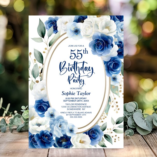 Invitation Elégante Florale Bleue 55e fête d'anniversaire (Créateur téléchargé)