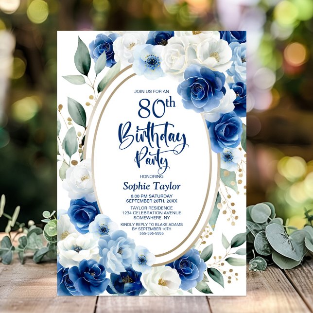Invitation Elégante Florale Bleue 80e fête d'anniversaire (Créateur téléchargé)