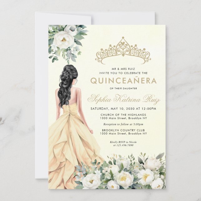 Invitation Elégante Florale Botanique Or Princesse Quinceañer (Devant)