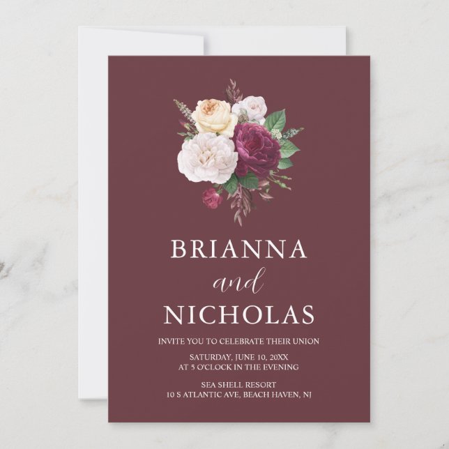 Invitation Élégante florale bourguignonne tout en un Mariage (Devant)