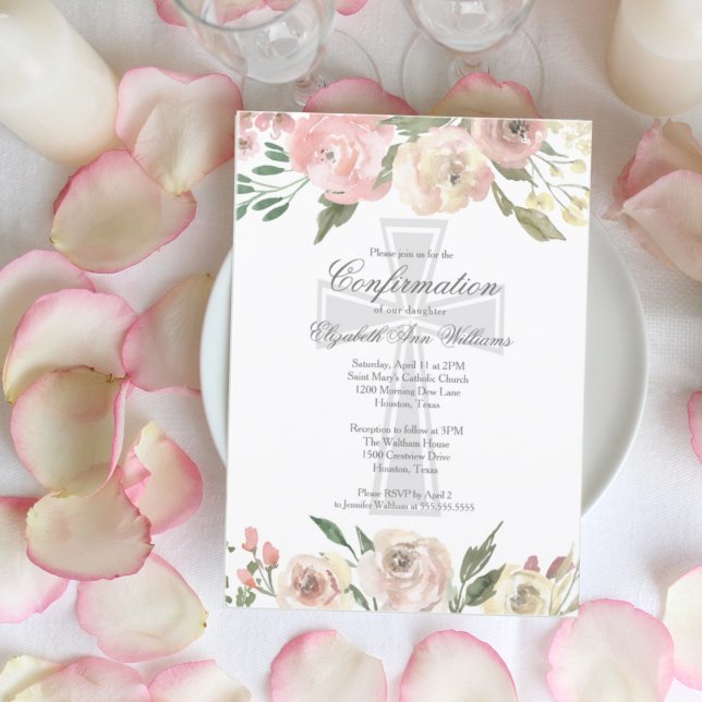 Invitation Élégante florale d'ivoire rose Confirmation religi (Créateur téléchargé)