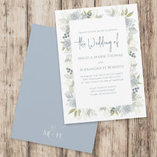 Invitation Elégante Florale Dusty Bleu Classique Fleurs Roses