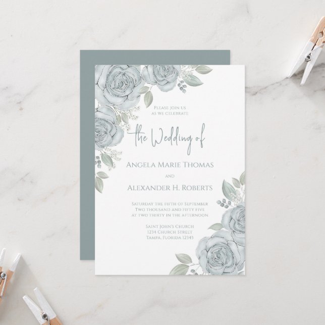 Invitation Elégante Florale Dusty Bleu Classique Fleurs Roses (Devant/Arrière en situation)