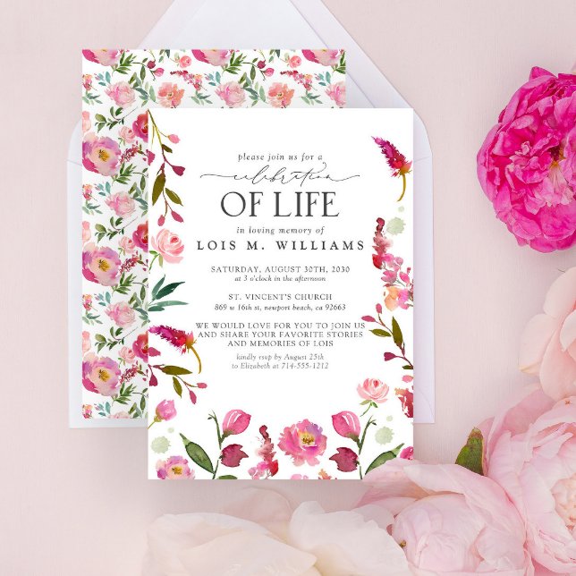 Invitation Élégante florale rose moderne Célébration de la vi (Easily personalize with your unique details)