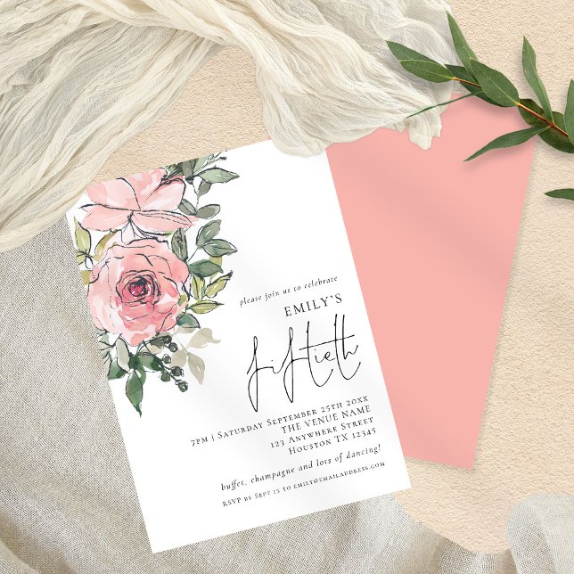 Invitation Elégante florale rose pâle Cinquantième anniversai (Créateur téléchargé)
