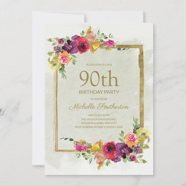 Invitation Elégante florale Vintage femme 90e anniversaire (Devant)