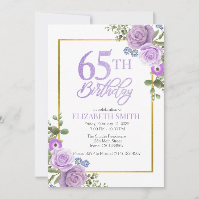 Invitation Élégante florale violette 65e anniversaire Invitat (Devant)