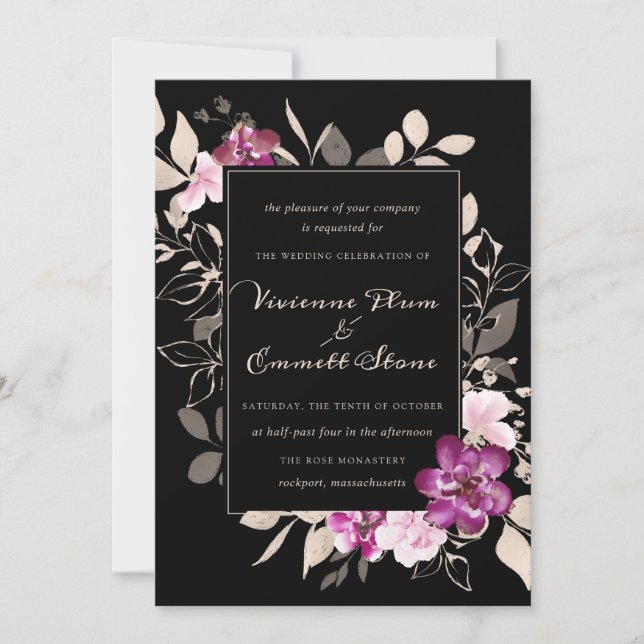 Invitation Élégante florale violette rose sur Mariage noir (Devant)