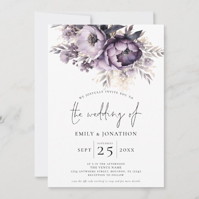 Invitation Élégante Florales violettes 3 Photos Code QR Maria (Devant)