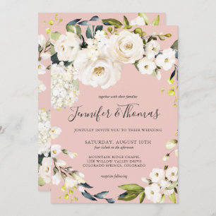 Invitation Élégante Flore blanche sur Mariage rose pâle