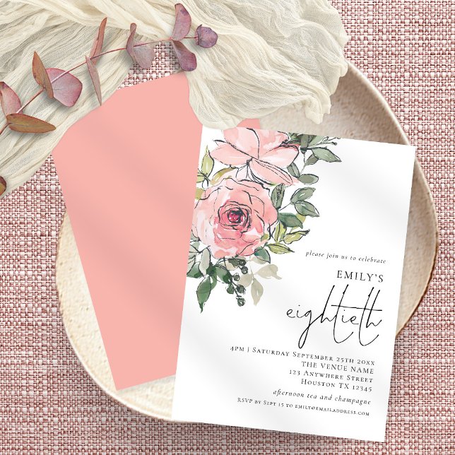Invitation Elégante Flore de Blush Fête du 80e anniversaire (Créateur téléchargé)
