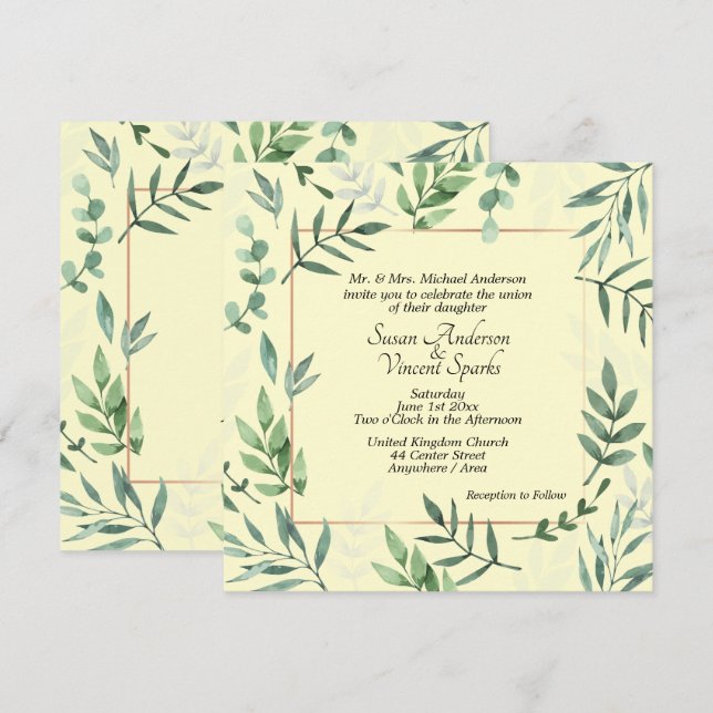 Invitation Elégante flore et faune Cadre Mariage Jaune (Devant / Derrière)
