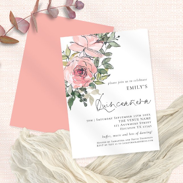Invitation Élégante Flore rose pâle Quinceañera 15ème parti (Créateur téléchargé)