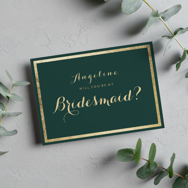 Invitation Élégante forêt moderne vert faux or Bridesmaid (Elegant modern forest green faux gold Bridesmaid Invitation )