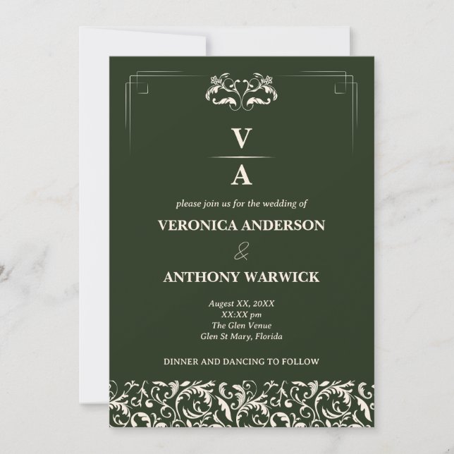Invitation Élégante Forêt victorienne Mariage floral vert (Devant)