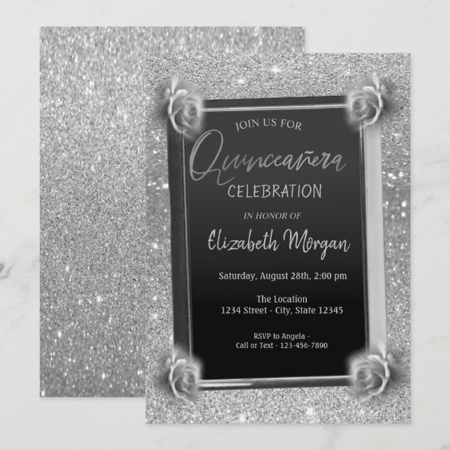 Invitation Elégante Frame Fleurs Argent, Rose Quinceañera (Devant / Derrière)