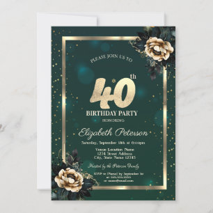 Invitation Elégante Frame Or Flower Stars Green 40th