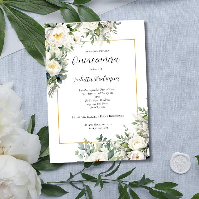 Invitation Elégante frontière blanche florale or Quinceañera (Elegant White Floral with Gold Border Quinceanera Invitation)