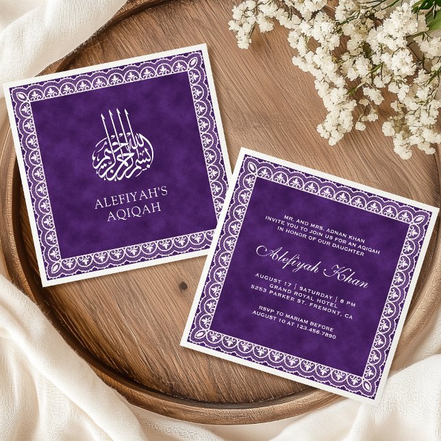 Invitation Elégante frontière de dentelle blanche violet Aqiq (Créateur téléchargé)