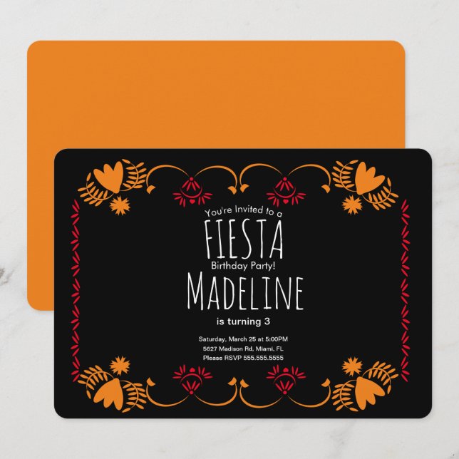 Invitation Élégante frontière florale mexicaine de fête d'ann (Devant / Derrière)