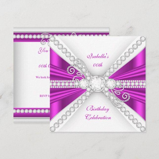 Invitation Elégante Fuchsia rose Silver Diamond fête d'annive (Devant / Derrière)