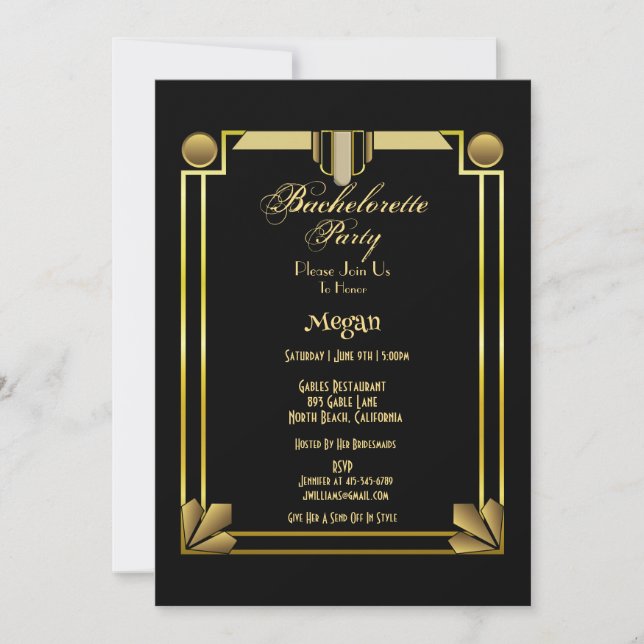 Invitation Élégante Gatsby Black & Gold Bachelorette Party da (Devant)