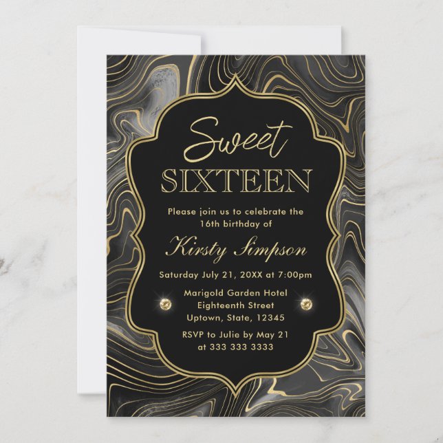 Invitation Élégante Géode Noir et Or Strata Sweet 16 (Devant)