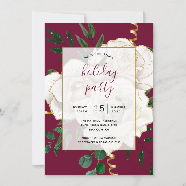 Invitation Elégante Glam Blanc Vintage Roses Fête (Devant)