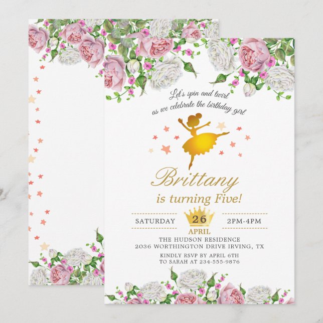 Invitation Elégante Gold Ballerina Floral Girl Fête d'anniver (Devant / Derrière)