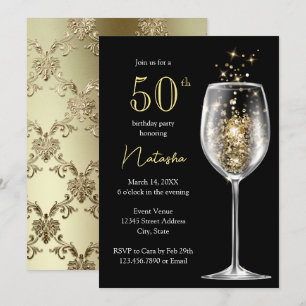 Invitation Elégante Gold Black Damask 50e fête d'anniversaire
