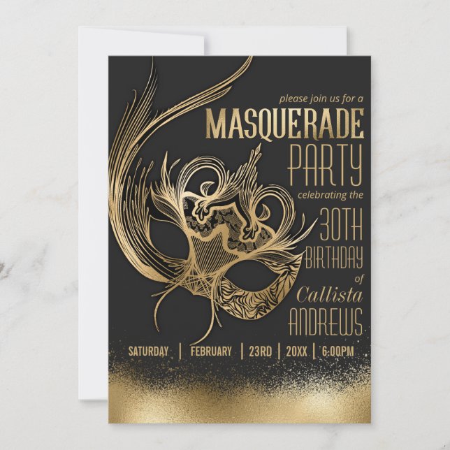 Invitation Elégante Gold Black Masquerade Masque fête d'anniv (Devant)