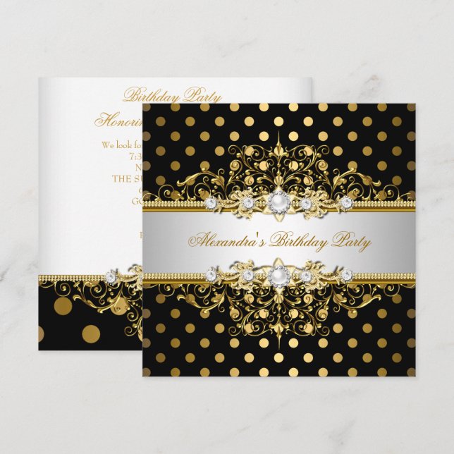 Invitation Elégante Gold Black Pois fête d'anniversaire (Devant / Derrière)