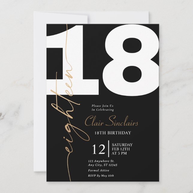 Invitation Élégante Gold Calligraphie 18e anniversaire fêter  (Devant)
