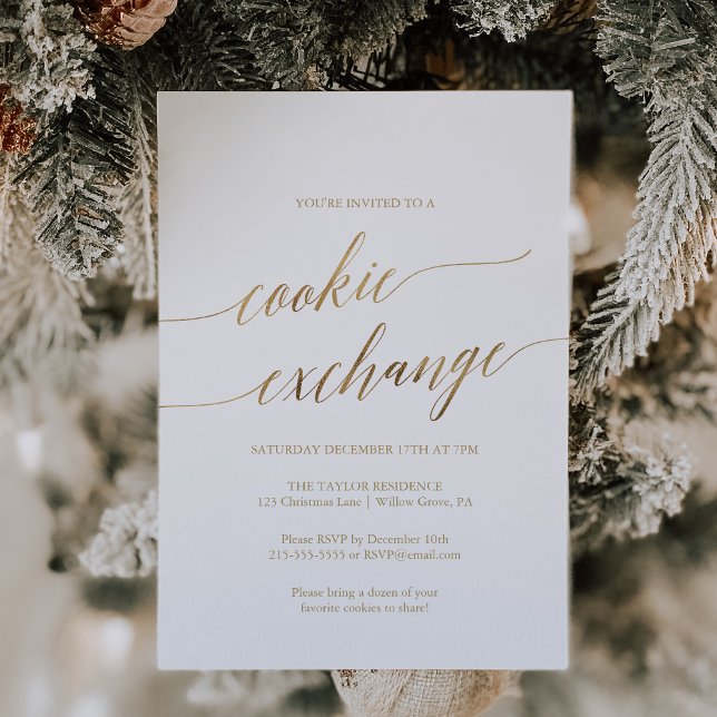 Invitation Élégante Gold Calligraphy Holiday Cookie Exchange (Créateur téléchargé)