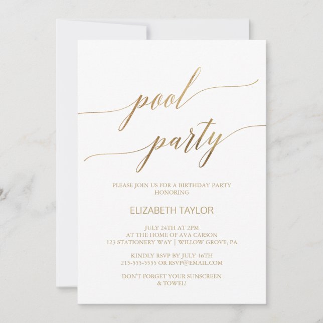 Invitation Elégante Gold Calligraphy Pool Party Anniversaire (Devant)