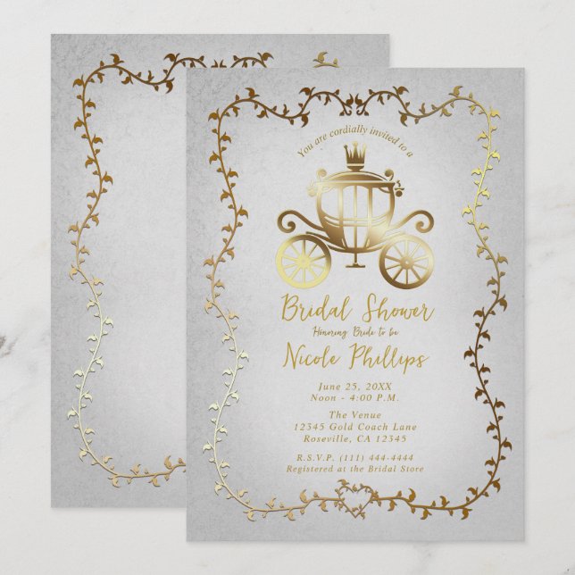 Invitation Élégante Gold Carriage White Storybook Bridal (Devant / Derrière)