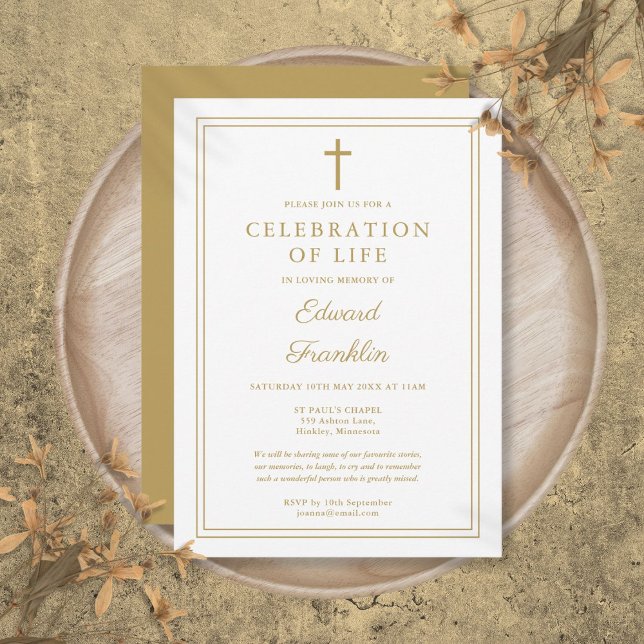 Invitation Elégante Gold Christian Célébration De Vie Funérai (Elegant Gold Christian Celebration Of Life Funeral Invitation)