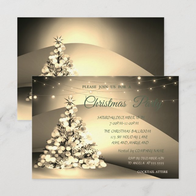 Invitation Elégante Gold ChristmasTree Company Christmas Part (Devant / Derrière)