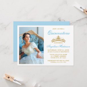 Invitation Elégante Gold Crown Photo Light Blue Quinceanera