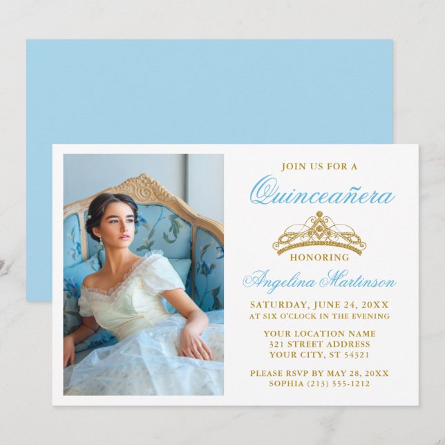 Invitation Elégante Gold Crown Photo Light Blue Quinceanera (Devant / Derrière)